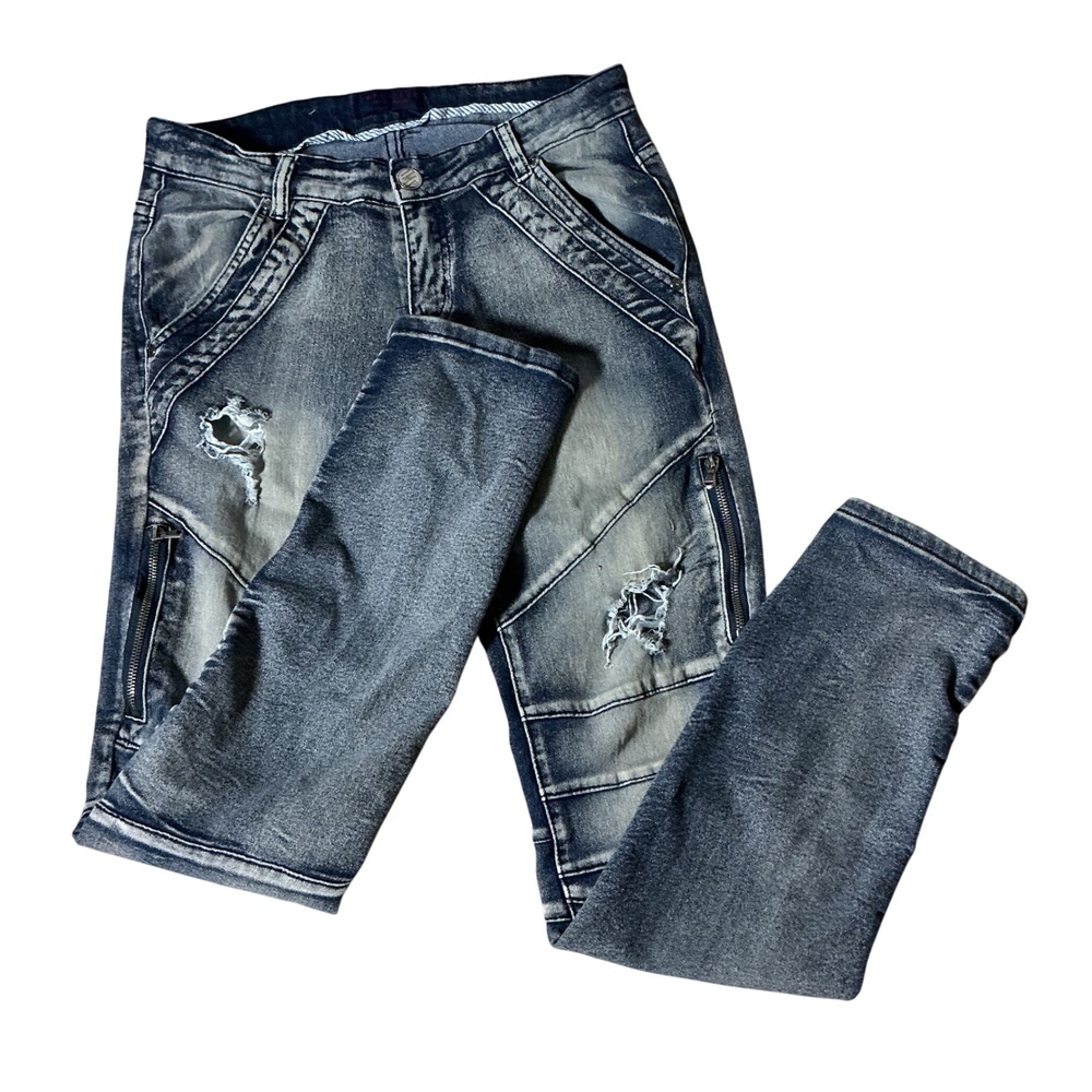 Imperious Mens Streetwear 32x32‎ Moto Biker Jeans Distressed Ribbed Slim Fit